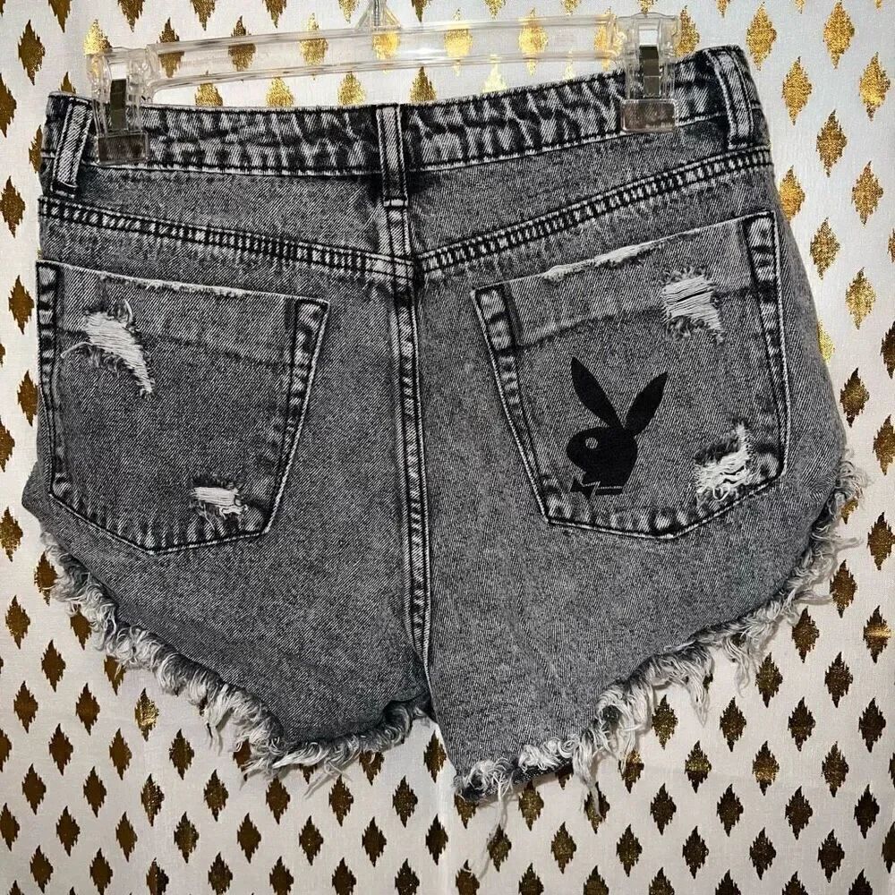 Signature 8 black acid wash distressed denim shorts high waist 5 button size M p